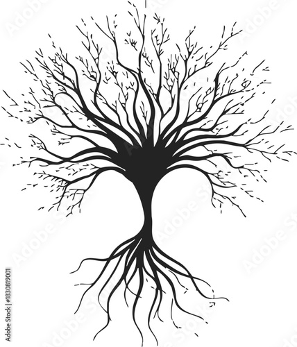Tree silhouette sketch hand drawn with bare branches and visible roots. Vector illustration
