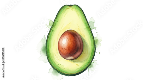 Fresh Avocado Half Watercolor Illustration Depicting Healthy Lifestyle and Organic Superfood Nutrition Concepts