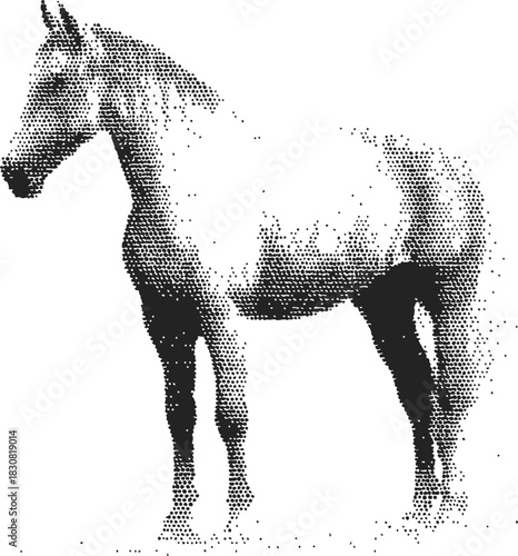 Horse halftone sketch, hand drawn style, standing side view, black and white. Vector illustration
