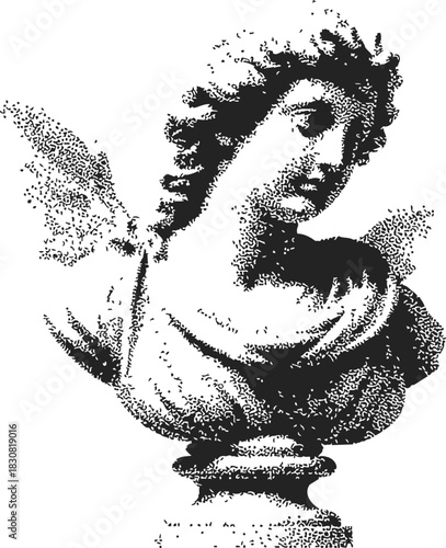 Classical bust sculpture, hand drawn sketch style with stippled texture details. Vector illustration