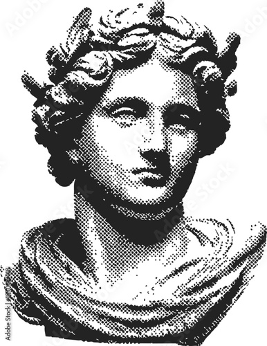 Classical sculpture bust sketch, hand drawn vector, ancient Greek male portrait with curly hair. Vector illustration