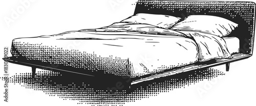 Bed sketch hand drawn with pillows and blanket in perspective view. Vector illustration