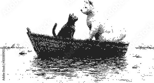 Cats in boat sketch, hand drawn style, playful scene on water. Vector illustration