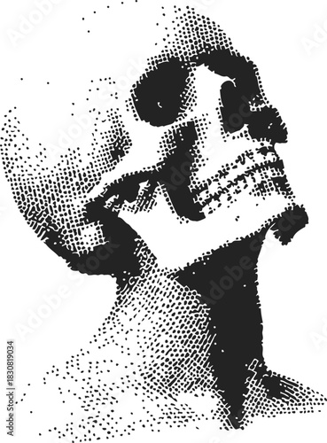 Human skull surreal portrait, sketch hand drawn, double exposure halftone effect. Vector illustration