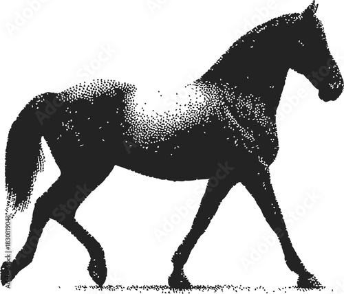Horse, hand drawn sketch silhouette with textured stipple effect, trotting pose. Vector illustration