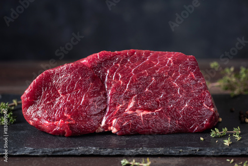 Obraz na plátne Chop of boneless red meat beef on black slate board with spices and condiments f
