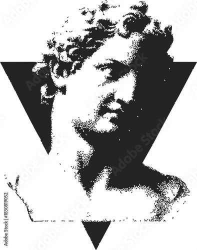Ancient sculpture bust sketch, hand drawn style with geometric triangle background. Vector illustration