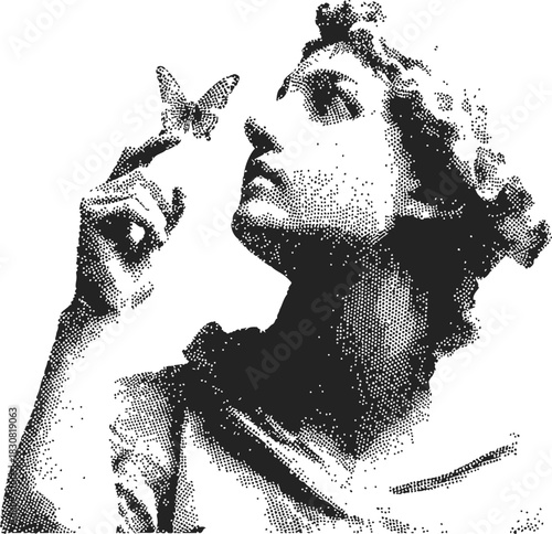 Woman holding butterfly sketch, hand drawn style, vintage portrait with upward gaze. Vector illustration