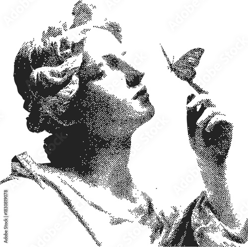 Classical sculpture woman holding butterfly sketch, hand drawn style, elegant serene portrait. Vector illustration