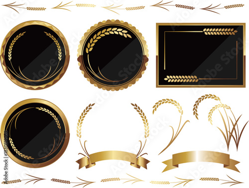 高級感のある稲のフレームと装飾セット　ブラック＆ゴールド