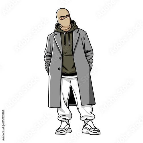 Illustration of a person wearing a balaclava, hoodie, coat, and sneakers, standing with hands in pockets.