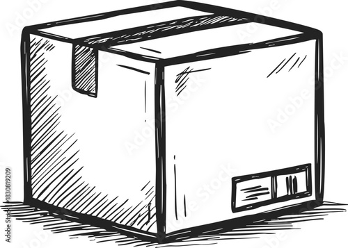 Cardboard box sketch hand drawn with tape and shipping label details. Vector illustration