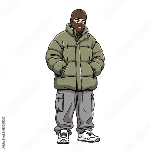 Full body illustration of a man in a brown balaclava, green puffer jacket, and grey cargo pants.