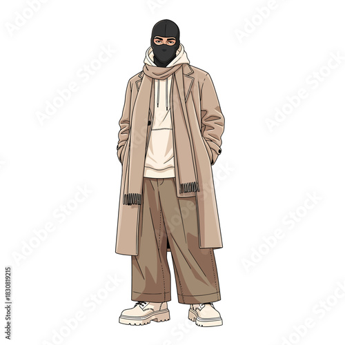 A stylishly dressed person wearing a balaclava, hoodie, scarf, long coat, and wide-leg pants, presented in a flat illustration style.