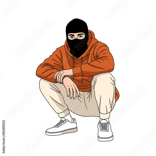 Illustration of a person wearing a black balaclava and orange hoodie, squatting down.