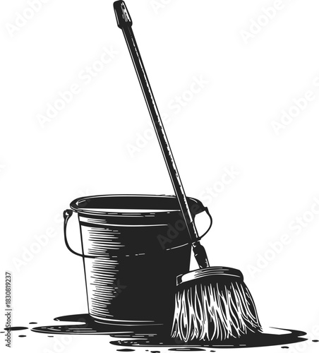 Mop and bucket sketch, hand drawn cleaning tools with water puddle. Vector illustration