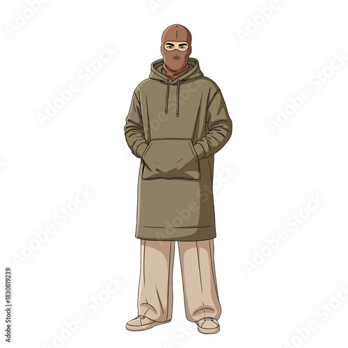 Illustration of a person wearing a balaclava, hoodie, and wide-leg pants.