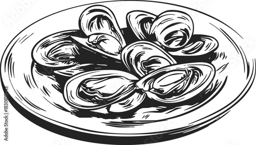 Mussels hand drawn sketch on plate, black and white seafood illustration. Vector illustration