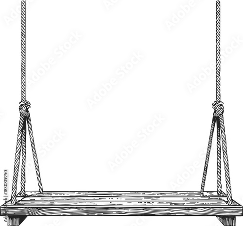 Wooden porch swing, hand drawn sketch with rope suspension and horizontal slats. Vector illustration