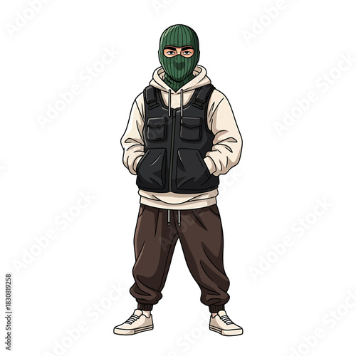 A cartoon illustration of a person wearing a green ski mask, a white hoodie, a tactical vest, and brown sweatpants.