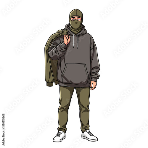 An illustration of a person wearing a balaclava, sunglasses, a grey hoodie, and olive green pants, with a jacket draped over their shoulder.