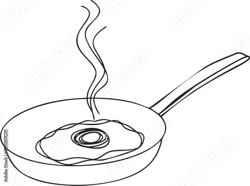 Fried egg in frying pan sketch with rising steam, hand drawn line art. Vector illustration