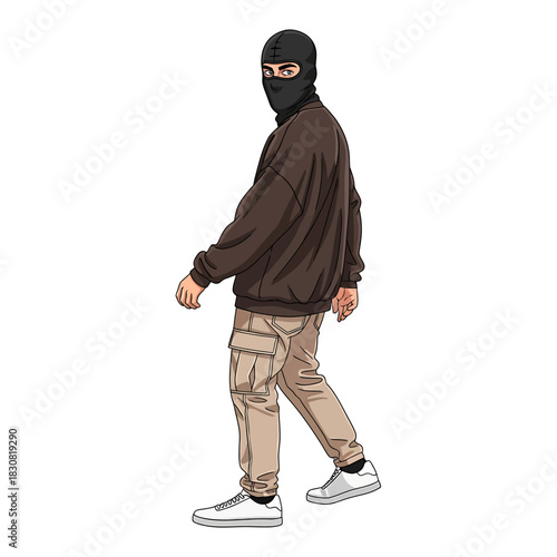 Illustration of a person wearing a balaclava, brown sweatshirt, and cargo pants.