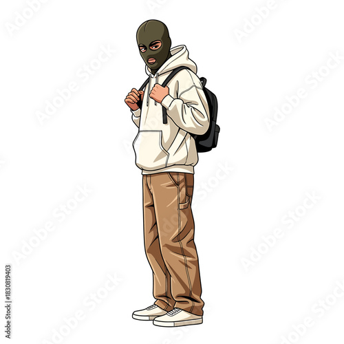 A person wearing a green ski mask, a white hoodie, and tan pants, carrying a black backpack.