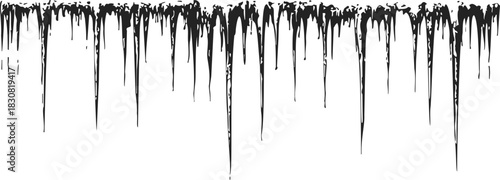 Black paint drips, hand drawn sketch style, flowing downward on white background. Vector illustration