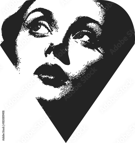 Woman portrait sketch, hand drawn vector, dramatic upward gaze in black and white. Vector illustration