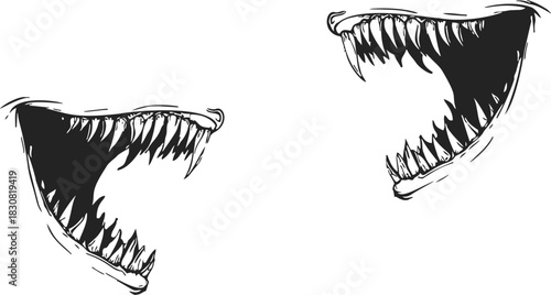 Shark jaws sketch hand drawn style with open mouths and sharp teeth. Vector illustration