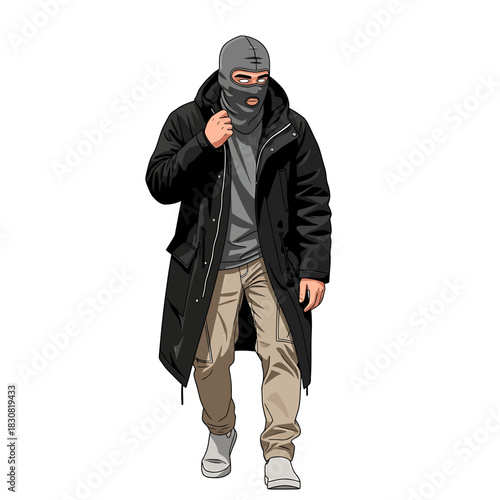 Illustration of a person wearing a black coat and a balaclava, walking forward.