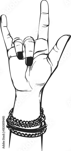 Hand making I love you gesture, sketch style, with bracelets and black nails. Vector illustration