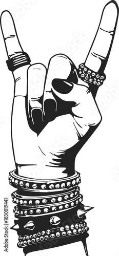 Rock hand sign sketch, hand drawn vector with spiked bracelets and rings. Vector illustration