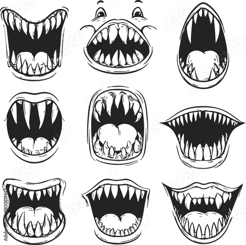 Monster mouths sketch hand drawn set with sharp teeth and open jaws. Vector illustration