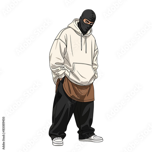 Full-length illustration of a person in urban street wear, wearing a balaclava, oversized hoodie, and baggy pants.