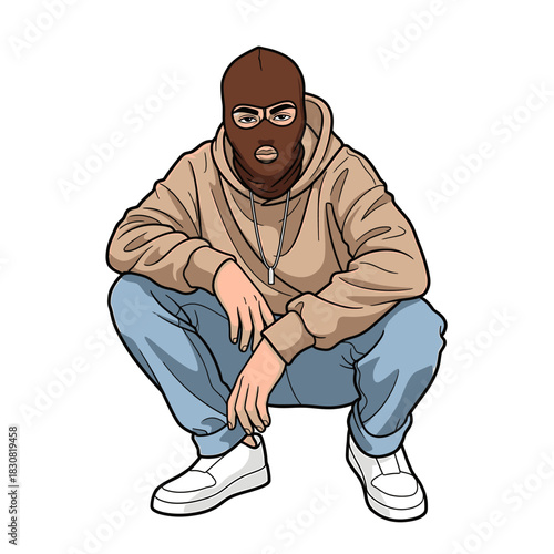 A man wearing a brown ski mask and a tan hoodie squats down.
