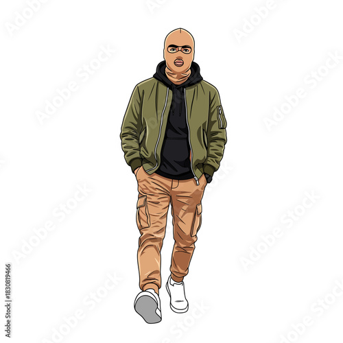 Illustration of a person wearing a ski mask, bomber jacket, and cargo pants.