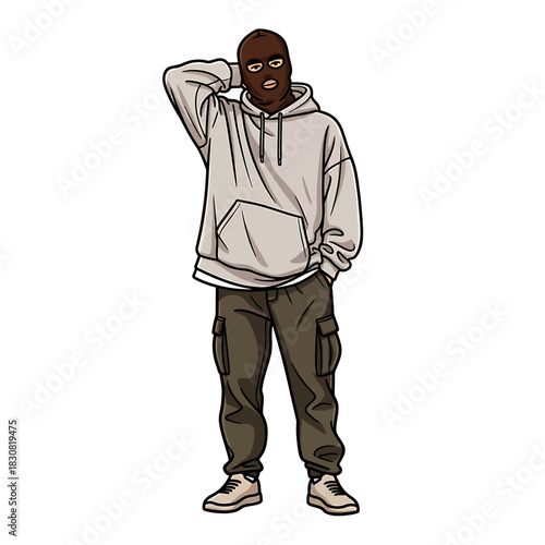 Illustration of a person wearing a ski mask, hoodie, and cargo pants.
