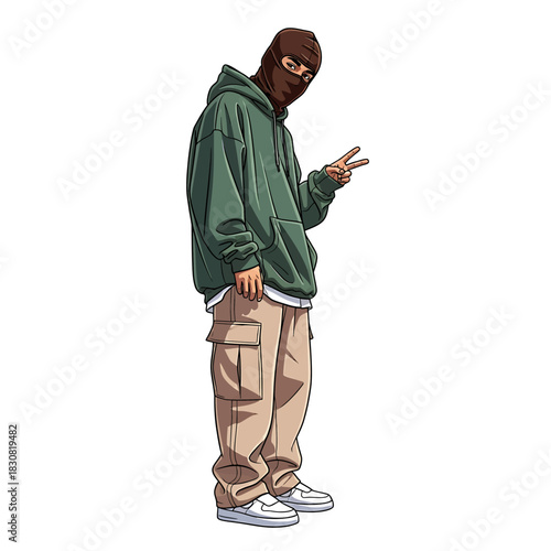 An illustrated character wearing a green hoodie, beige cargo pants, and a brown balaclava making a peace sign.