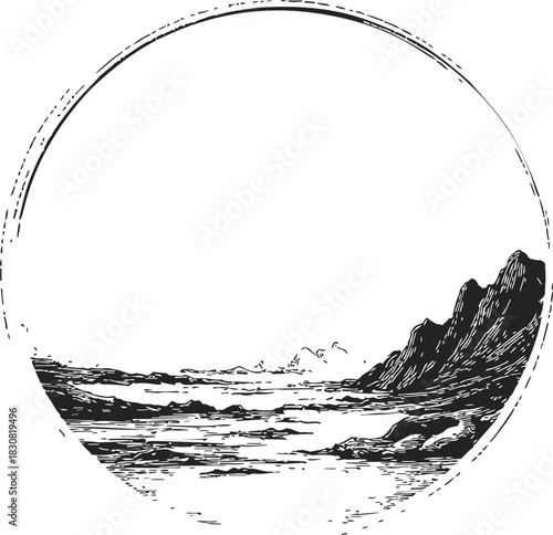 Mountain landscape sketch, hand drawn vector with rocky peaks and river in circular frame. Vector illustration