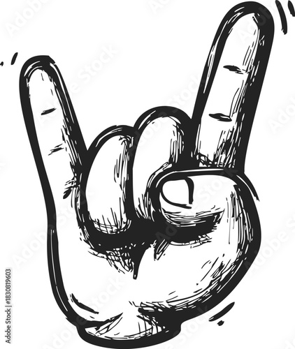 Rock hand sign sketch, hand drawn vector showing horns gesture in black and white. Vector illustration