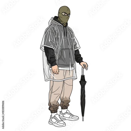 Illustration of a person wearing a balaclava, raincoat, and holding an umbrella.