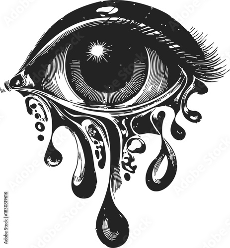 Melting eye sketch, hand drawn surreal dripping eyeball with detailed lines. Vector illustration
