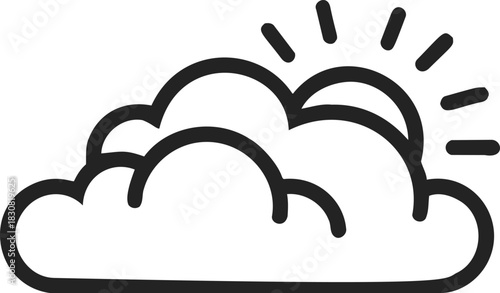 Cloud with sun sketch, hand drawn partly cloudy weather icon. Vector illustration