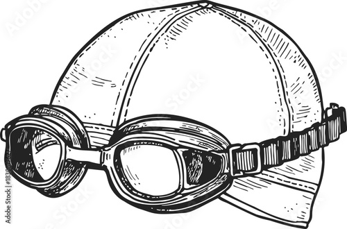 Swim cap with goggles sketch, hand drawn style, detailed swimming accessory. Vector illustration