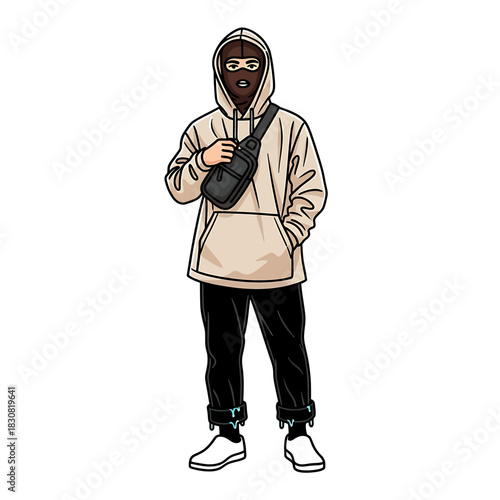 Cartoon illustration of a person in urban streetwear, wearing a beige hoodie and a brown balaclava.