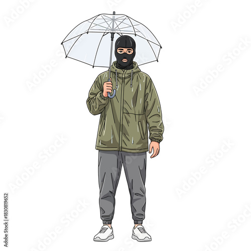 A person wearing a balaclava and a green jacket holding a clear umbrella.