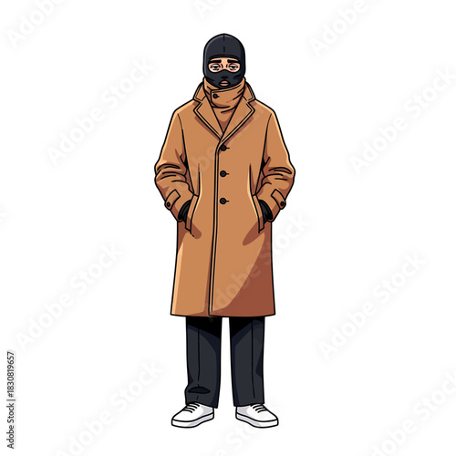 A person wearing a brown trench coat, black balaclava, and black pants stands against a white background.