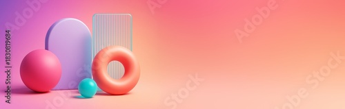 Abstract geometric shapes composition with spheres, donut, and panels on a gr...